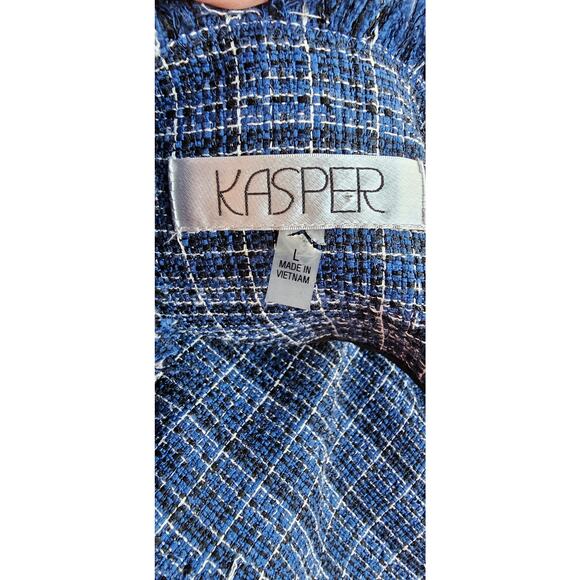 NWT Kasper Blue Plaid Fringe Open Front Tweed‎ Jacket Skirt Suit Set Winter L 12 - Picture 9 of 10